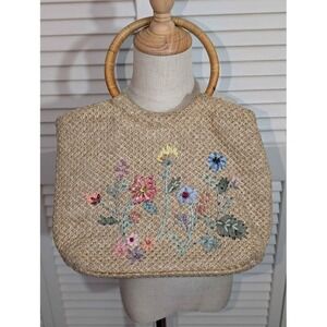 Vintage Woven Tote Bag Floral Embroidered Wood Handle Summer Purse